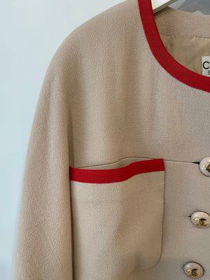 Chanel Vintage Wool Beige and Red Jacket with Gold CC Button Details Size FR 38 (UK 10)