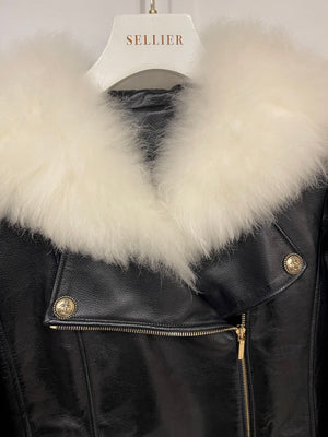 Chanel Black Leather Asymmetric Jacket with White Fur Details and Logo Buttons Detail Size FR 34 (UK 6)