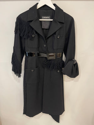 Chanel Black Wool Tweed-Panelled Coat with Fringes, Bow and Patent Leather Belt Detail Size FR 36 (UK 8)