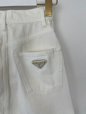 Prada White Denim Mini Skirt With Back Pocket Logo Detail Size IT 36 (UK 4)