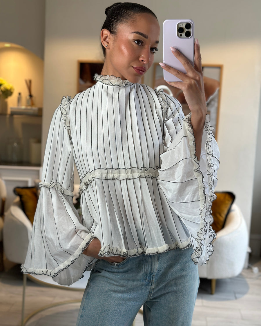 Chanel Spring 2017 White Silk Striped Ruffle Long-Sleeve Top Size FR 36 (UK 8)