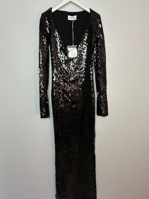 16Arlington Black Solaria Sequin Stretch Tulle Maxi Dress Size FR 34 (UK 6)