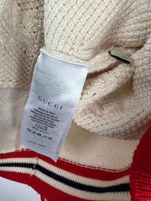 Gucci Cream, Red and Blue GG Knit Wool Blend Cardigan with Stripe Trim and Gold Buttons Size S (UK 8)