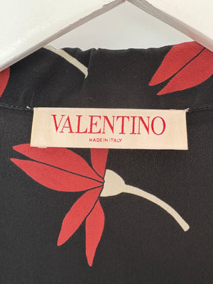 Valentino Black Silk Shirt and Trousers Set With Rust Floral Print and Yellow Embroidered Flower Detail Size IT 42 (UK 10)