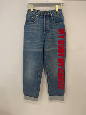 Gucci Blue Washed My Body My Choice Red Embroidered Straight Jeans Size 26 (UK 8)