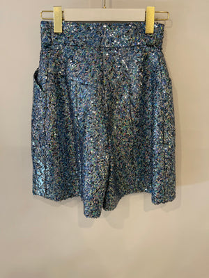 *HOT* Chanel 19P Blue Sequin Cropped Top and Short Set with Embellished Buttons Size FR 34 (UK 6) RRP £9,150