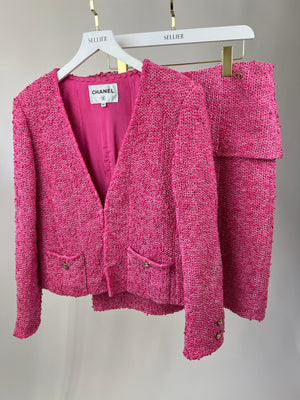 *HOT* Chanel 21C Pink Tweed Jacket and Skirt Set with CC Logo Buttons Size FR 42 (UK 14)