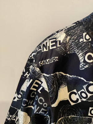 Chanel Navy Logo Printed Bomber Jacket with Embellished CC Button Details Size FR 38 (UK 10)