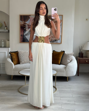 Alexis White Mid Neck Sleeveless Maxi Dress with Gold Buckle Detail Size XS (UK 6)