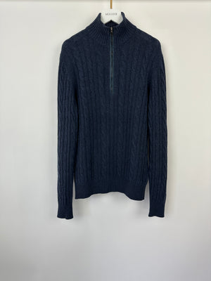 Loro Piana Menswear Navy Cable Knit Long Sleeve Jumper with Suede Quarter Zip Detail IT 48 (UK 38) RRP £1,700