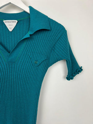 Bottega Veneta Turquoise Ribbed Wool Knit Short Sleeve T-Shirt with Pocket Detail Size Small (UK 8)