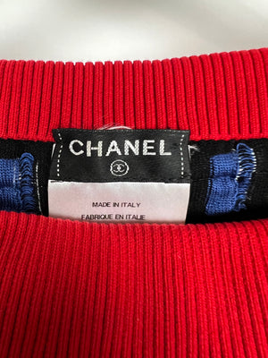 Chanel SS13 Red Knit Jumper with Pearl Pockets & Blue and White Window Detail Size FR 36 (UK 8)