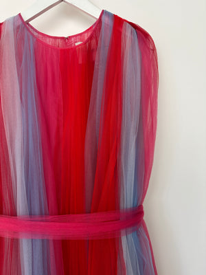 Carolina Herrera Blue, Pink & Red Sheer Tulle Sleeveless Belted Gown Size M (UK 10)