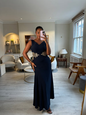 Alexander McQueen Navy Crepe Maxi Dress with Stone Applique Roses and Bias Skirt Size UK 12-14