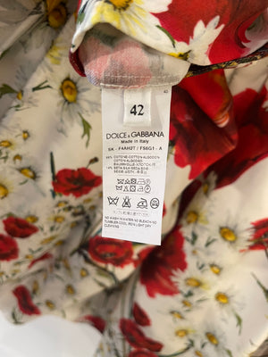 Dolce & Gabbana White and Red Poppy Printed Midi Skirt Size IT 42 (UK 10)