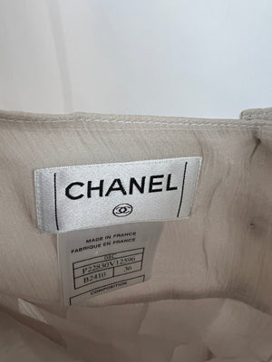 Chanel 04C Yellow and White Tweed Jacket and Grey Silk Shorts Set with Camelia Tweed Pin Detail Size FR 36 (UK 8)