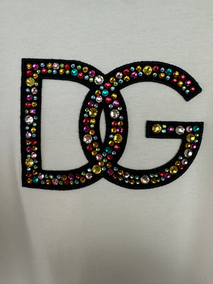 Dolce & Gabbana White Multi-Coloured Crystal DG Logo T-Shirt Size XS (UK 4-6)