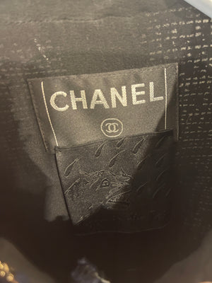 Chanel x Tiger In The Rain 04/P Black, Navy and White Tweed Jacket with Gold CC Logo Buttons and Chain Detail Size FR 40 (UK 12)