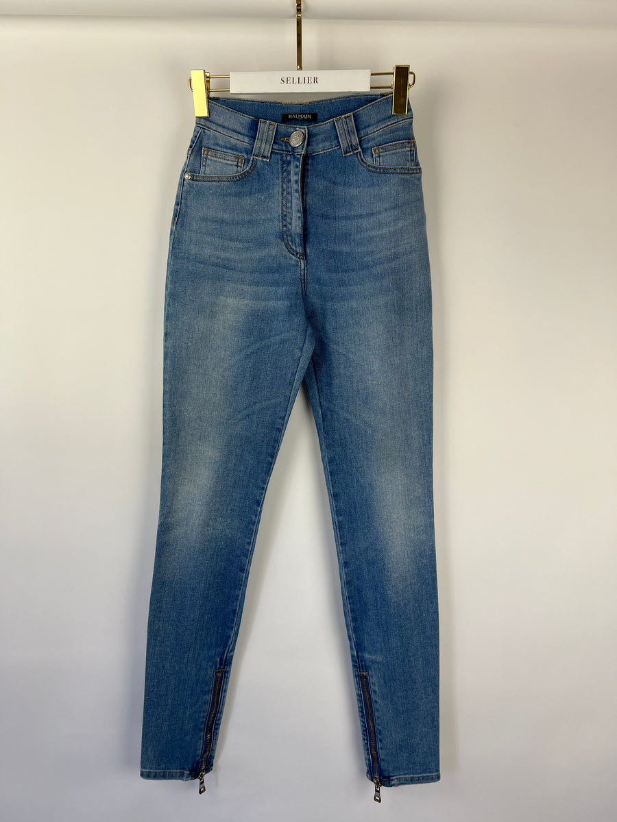 Balmain Light Blue Skinny Jeans with Silver Button and Zip Detail FR 34 (UK 6)