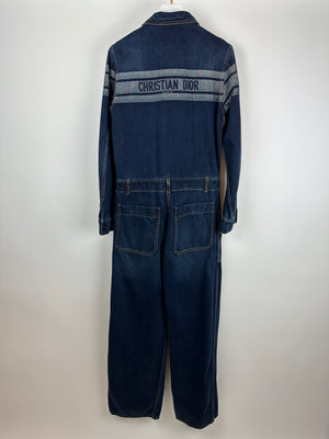 Christian Dior Dark Wash Long Sleeve Denim Jumpsuit with Stripe and Logo Detail Size FR 34 (UK 6)