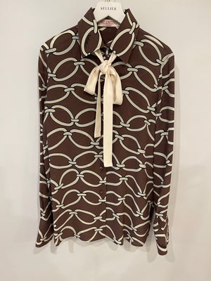 Valentino Brown and White Silk Blouse and Maxi Skirt Set with Printed Details Size IT 40/42 (UK 8/10)