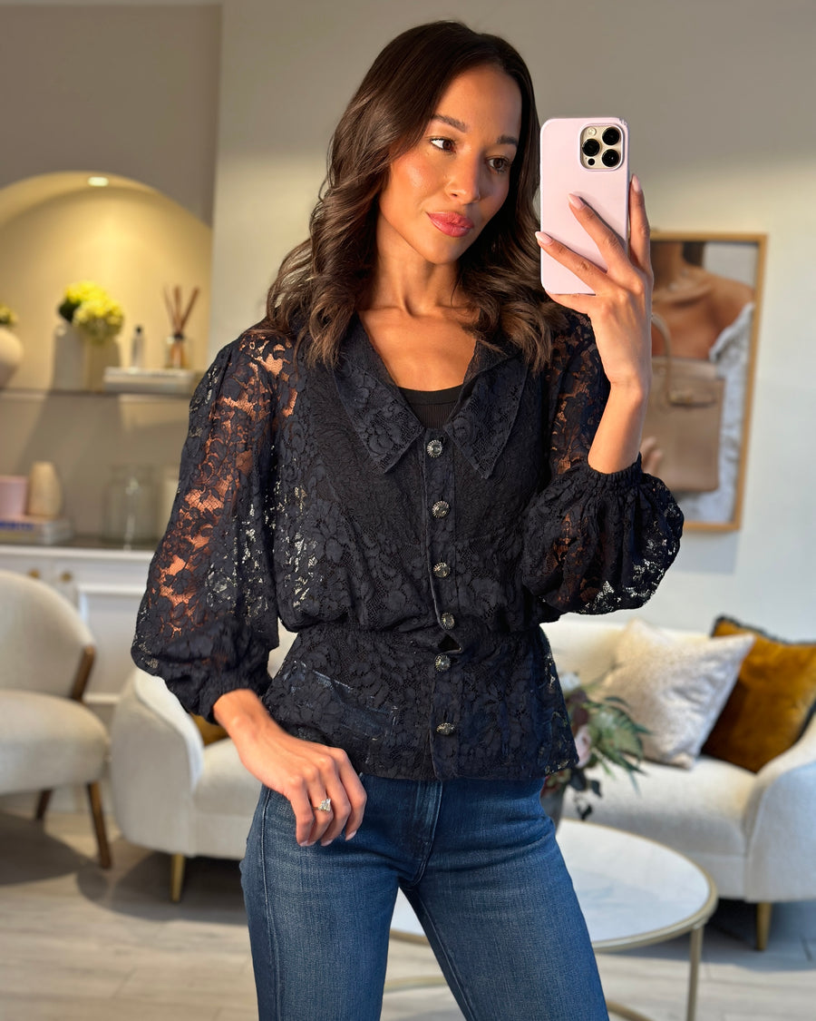 Chanel Navy Lace Long Sleeve Shirt with Ruthenium Buttons Detail Size FR 36 (UK 8)