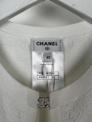 Chanel 24P White Fine Knit CC Long Sleeve Cardigan with Silver CC Crystal Clasps Size FR 40 (UK 12)