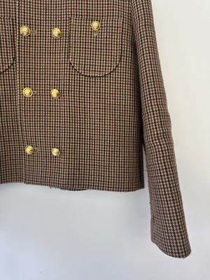 Celine Brown Houndstooth Collarless Jacket with Front Pockets and Gold Crest Buttons Size FR 42 (UK 14)