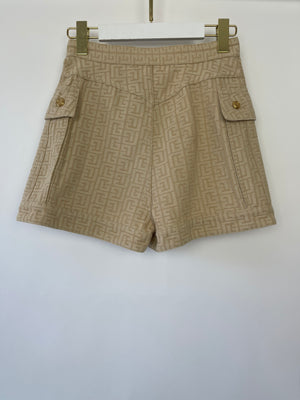 Balmain Printed Beige High Waisted Denim Shorts With Gold Logo Buttons Size FR 34 (UK 6)