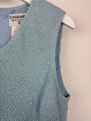 Chanel 97C Light Blue Tweed Longline Blazer and Midi Dress Set with Perspex & Gold CC Button Detail Size FR 40 (UK 12)