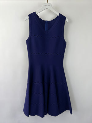 Alaïa Navy Sleeveless Knit A-Line Dress with V-Neckline and Zig-Zag Detail Size FR 42 (UK 14)