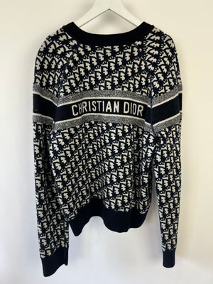 Christian Dior Blue Oblique Print Long Sleeve Jumper with Logo Detail Size FR 36 (UK 8)