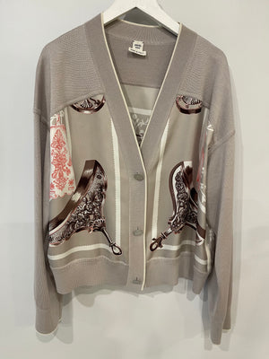 Hermès Grey Silk Wool Cardigan and Trousers Set with Printed Details Size FR 40 (UK 12)