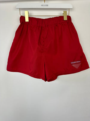 Prada Red Nylon High-Waist Shorts with Leather Plaque Detail Size IT 40 (UK 8)