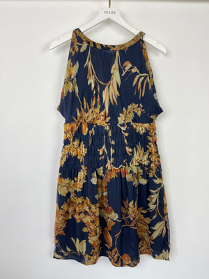 Chanel Navy Floral Silk Sleeveless Mini Dress With Decorative Gold Button Details FR 38 (UK 10)