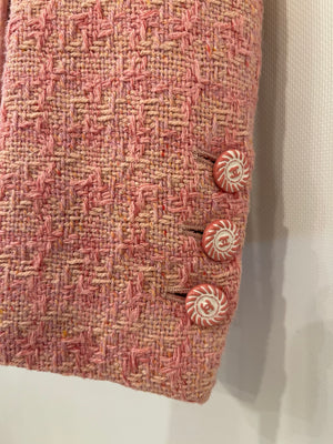 Chanel Pink Tweed Jacket and Midi Skirt Set with Ceramic CC Logo Buttons Size FR 34 (UK 6)