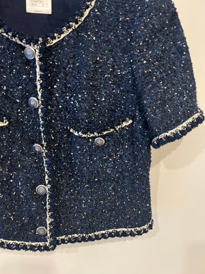 Chanel Navy, Black and White Tweed Short-Sleeve Jacket with Silver CC Buttons Size FR 40 (UK 12) RRP £3,550