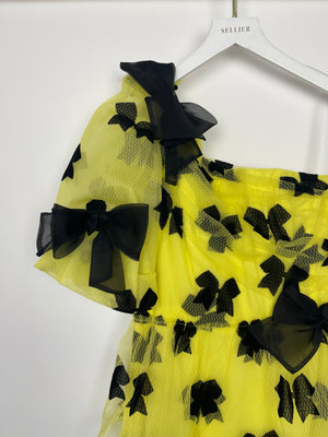 Rodarte Yellow Tulle One Shoulder Maxi Dress With Black Bow Detail Fall 2019 Size UK 10