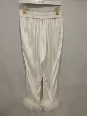 Nadine Merabi White Pyjama Shirt and Trousers Set with Feather and Crystal Button Details Size S (UK 8)