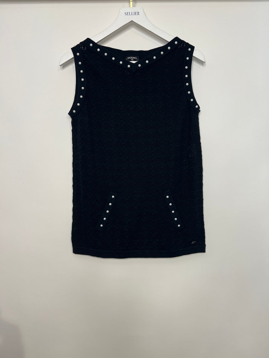 Chanel Navy Crochet Vest Top with Pearl Trim and Front Pocket Detail FR 34 (UK 6)