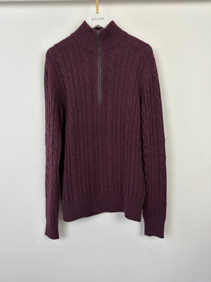 Loro Piana Menswear Burgundy Cable Knit Long Sleeve Jumper with Suede Quarter Zip Detail IT 48 (UK 38) RRP £1,700