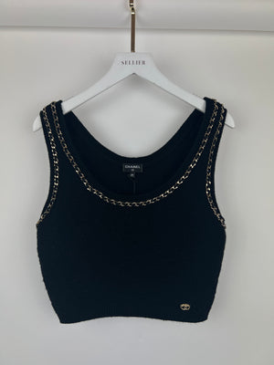 Chanel 23B Black Cashmere Knit Tank Top with Gold Chain and Logo Detail Size FR 34 (UK 6) RRP £2150