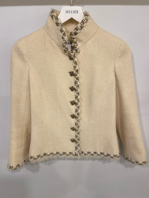 Chanel 2011 Paris-Byzance Cream, Gold and Black Tweed Jacket with Embellished CC Button Details Size FR 36 (UK 8)