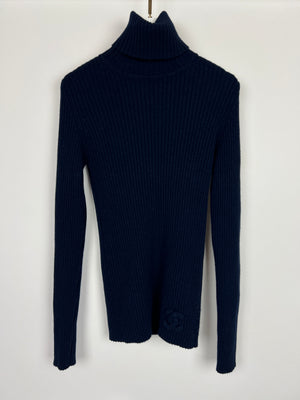 Chanel Navy Ribbed Cashmere Roll Neck Long Sleeve Jumper with CC Logo Detail FR 36 (UK 8)