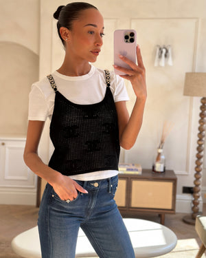 *HOT* Chanel 22C Black Sleeveless Knitted Top with Crystal CC Logo Straps and White Cotton Short Sleeve T-Shirt with Small Crystal Logo Detail Size FR S (UK 8) RRP £3160