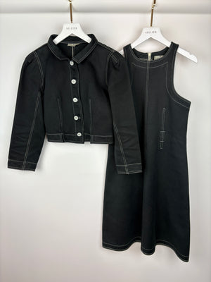 Courreges Black Short Jacket and Midi Dress Set With White Stitching Detail & White Buttons FR 40/38 (UK 10-12)