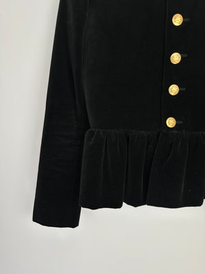 Celine Black Velvet Long Sleeve Jacket with Peplum Hem and Gold Buttons Size FR 34 (UK 6)