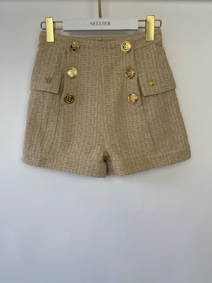 Balmain Printed Beige High Waisted Denim Shorts With Gold Logo Buttons Size FR 34 (UK 6)