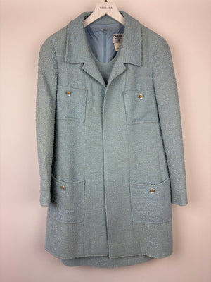 Chanel 97C Light Blue Tweed Longline Blazer and Midi Dress Set with Perspex & Gold CC Button Detail Size FR 40 (UK 12)