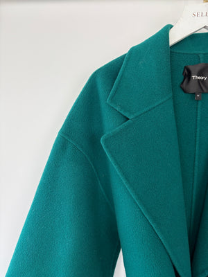 Theory Teal Green Wool Knee Length Belted Coat With Cropped Wide Sleeves Size Medium (UK 10)